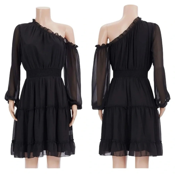 Women's One Shoulder Floral Dress Smocked Waist Tiered Mini Dress - Picture 5 of 7